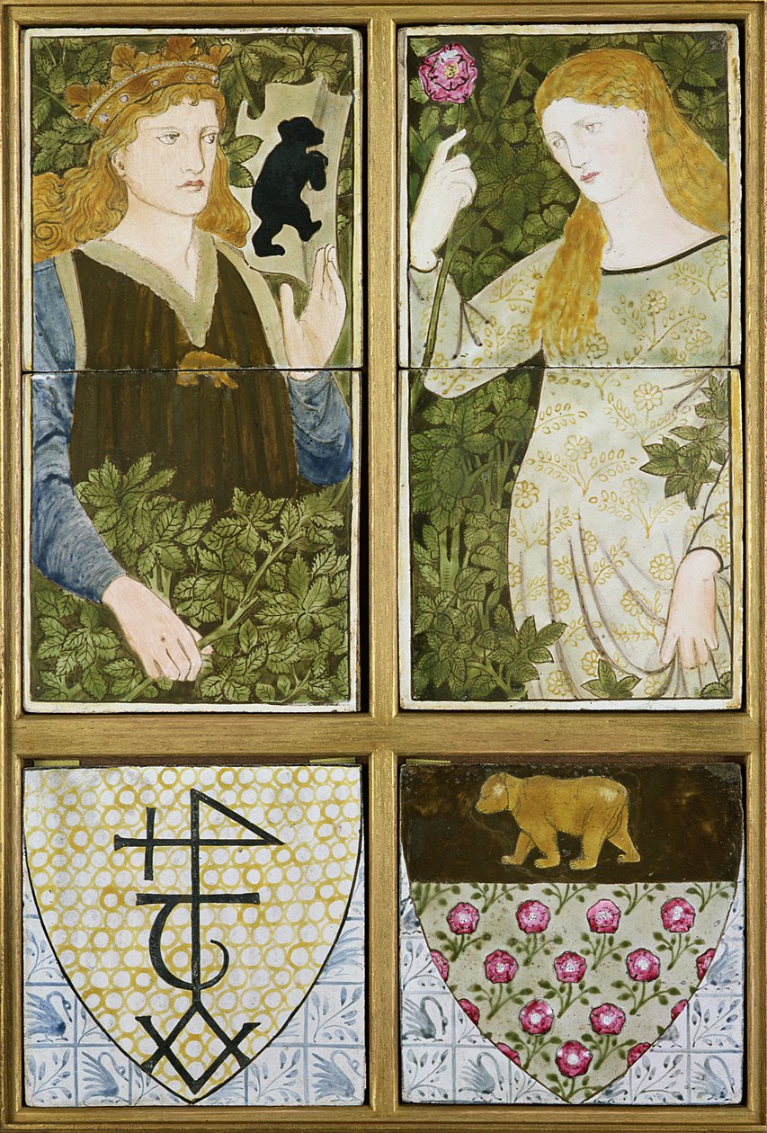 Re Artù e Regina Ginevra, Pannello di Sei Piastrelle prodotto da Morris, Marshall, Faulkner & Co. da Edward Burne Jones
