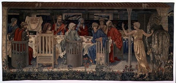 Ricerca del Sacro Graal, Pannello 1, Cavalieri della Tavola Rotonda chiamati alla ricerca dalla Dama Strana, 1898-1899 da Edward Burne Jones