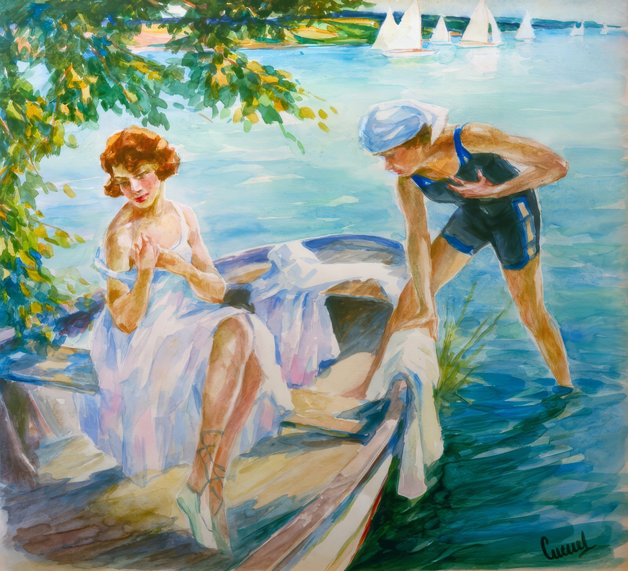 Giornata estiva al lago con due giovani donne in barca da Edward Cucuel