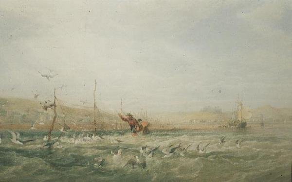 Pescatori che inseguono gabbiani dalle reti, Mumbles, Galles del Sud da Edward Duncan