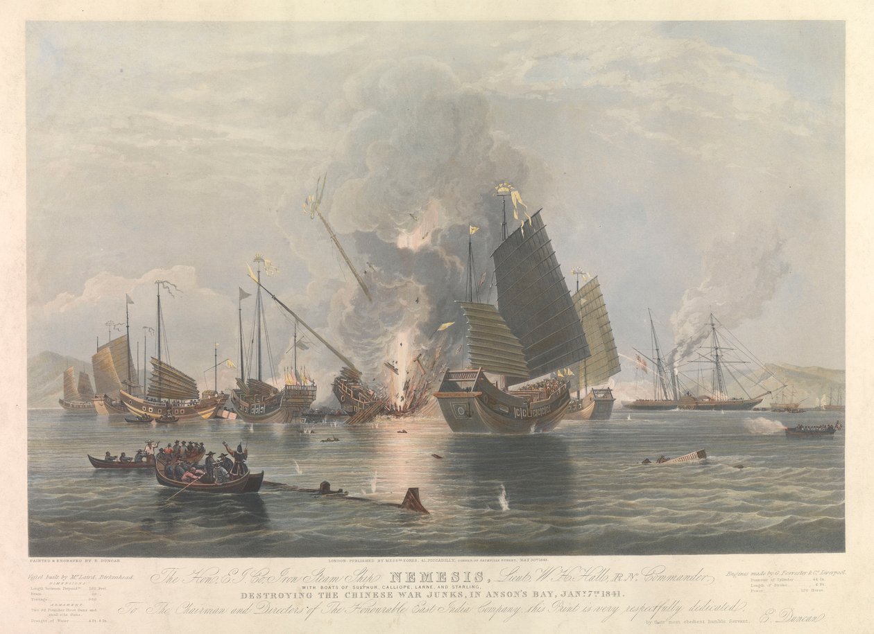 Nave a vapore di ferro Nemesis, giunche da guerra nella baia di Anson, 7 gennaio 1841 da Edward Duncan