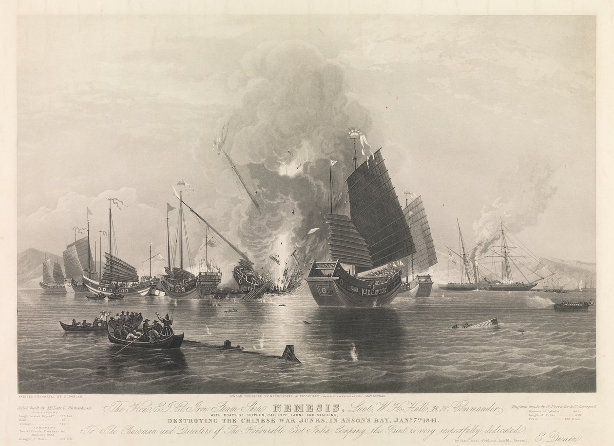 La Hon. E.I. Co. Iron Steam Ship Nemesis, ... con le barche di Sulphur, Calliope, Larne e Starling, che distruggono le giunche da guerra cinesi, nella baia di Anson, 7 gennaio 1841 (Chuenpee vicino a Canton) da Edward Duncan