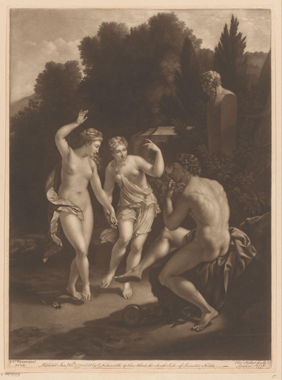 Uomo che suona il flauto davanti a due ninfe danzanti da Edward Fisher