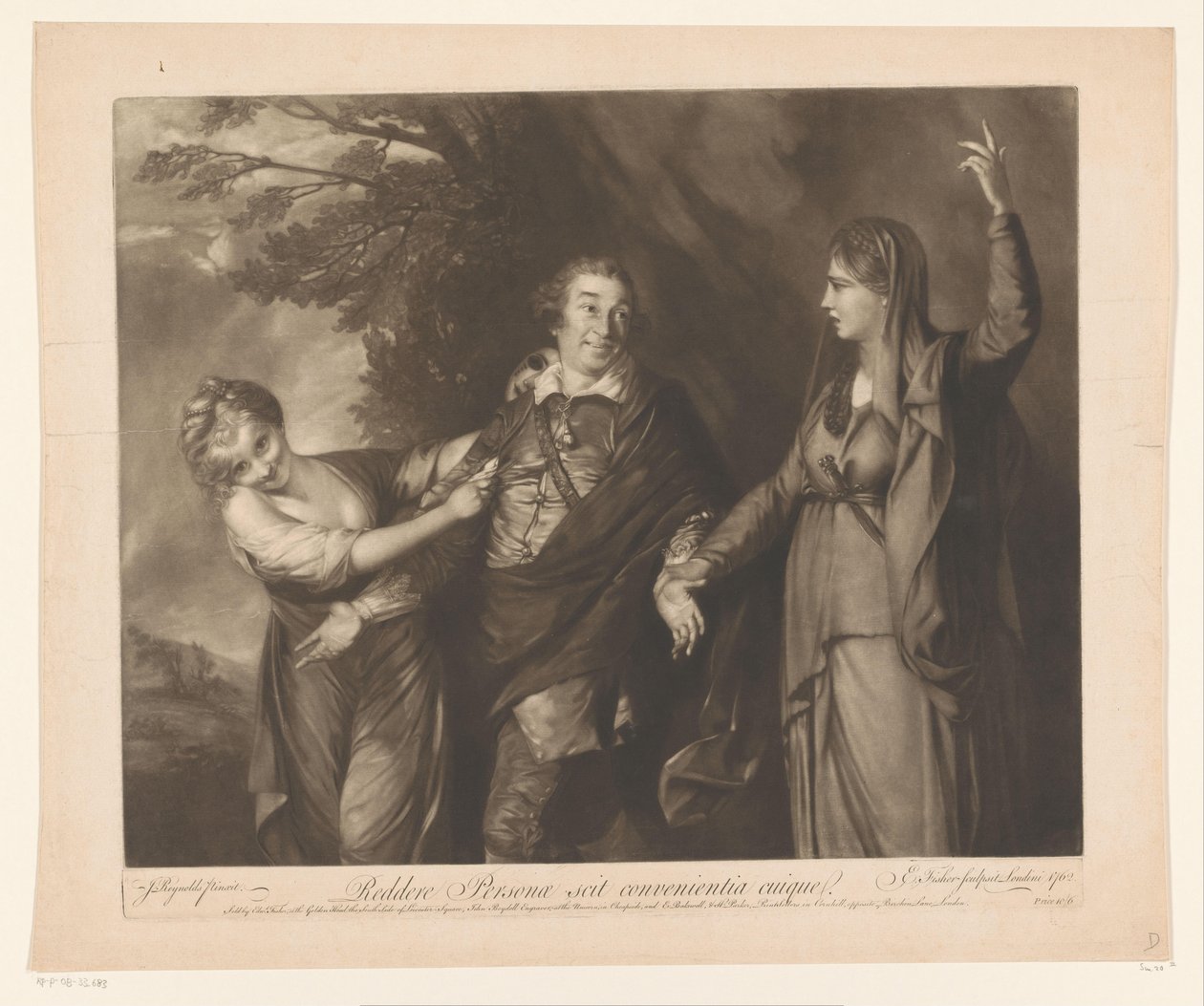Ritratto di David Garrick tra personificazioni di commedia e tragedia (Reddere Personae scit convenientia cuique) da Edward Fisher