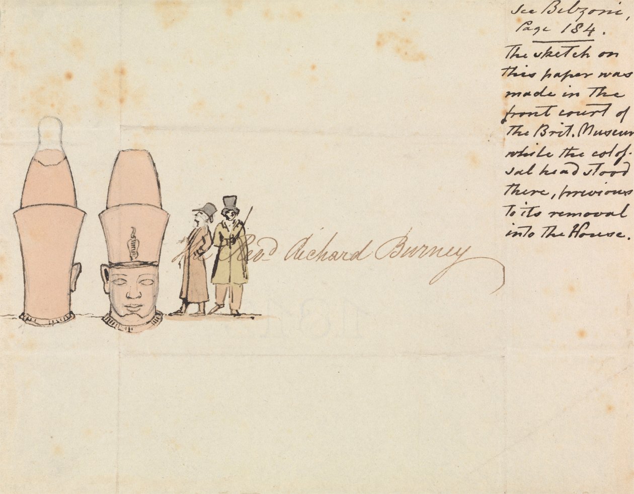 Lettera al Rev. Richard Burney con disegno di testa colossale dal cortile del British Museum da Edward Francis Burney