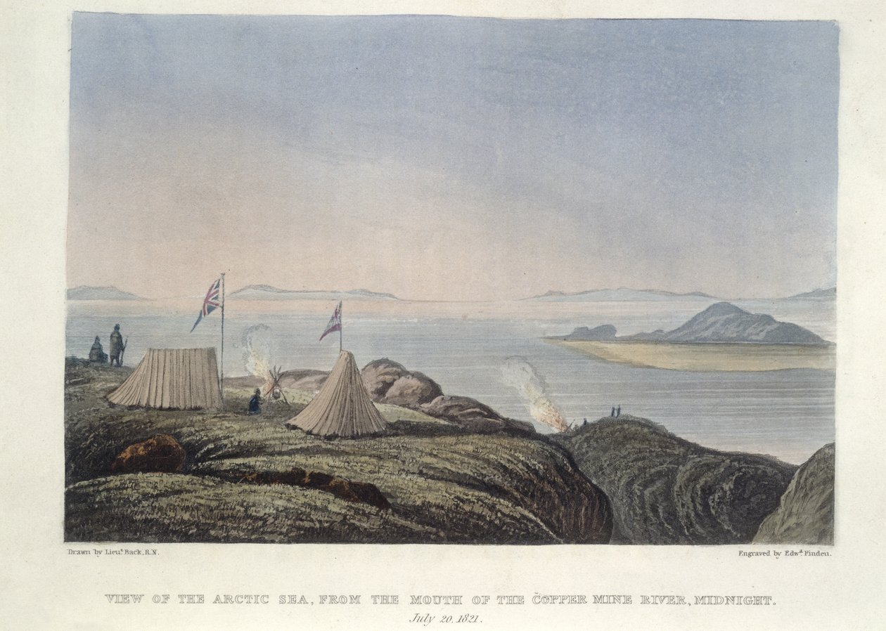 Vista del mare Artico, dalla foce del fiume Coppermine, Mezzanotte, 20 luglio da Edward Francis Finden
