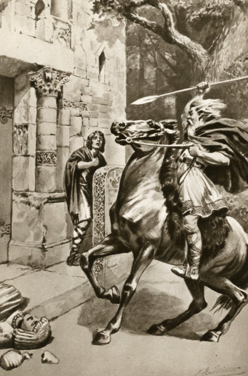 Il Sommo Sacerdote Coifi che percorre Goodmanham Lane per distruggere gli idoli, illustrazione da "La piccola isola del tesoro" di Arthur Mee, 1920 circa (litografia) da Edward Frederick Skinner