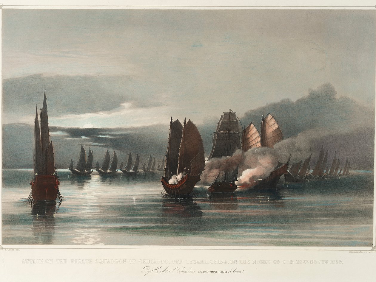 Attacco alla squadra pirata di Chuiapoo, al largo di Tysami, Cina, nella notte del 28 settembre 1849 da parte della HMS Columbine, J C Dalrymple Hay, Esqr, Comandante, c.1849 da Edward Hodges Cree