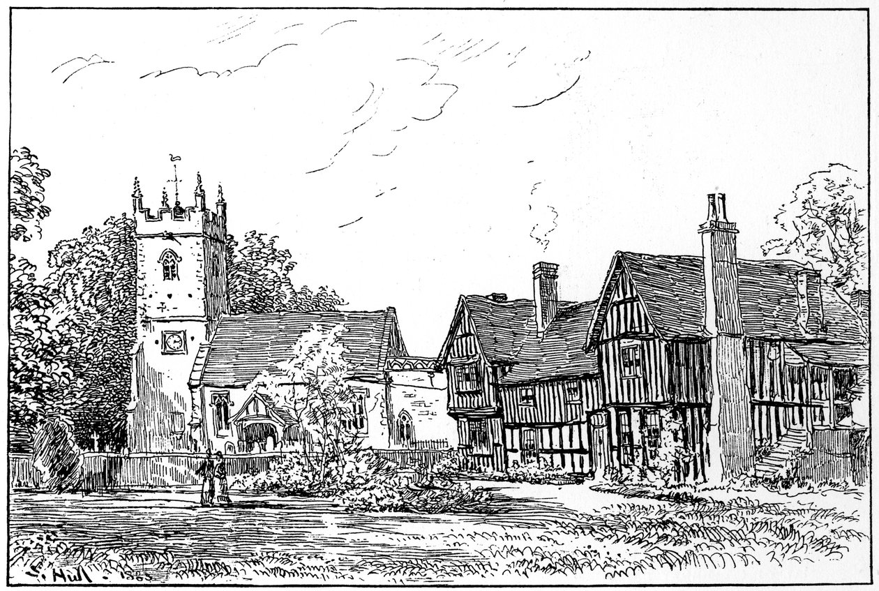 Chiesa di Clifford e vecchia casa, Stratford-upon-Avon, Warwickshire, 1885 da Edward Hull