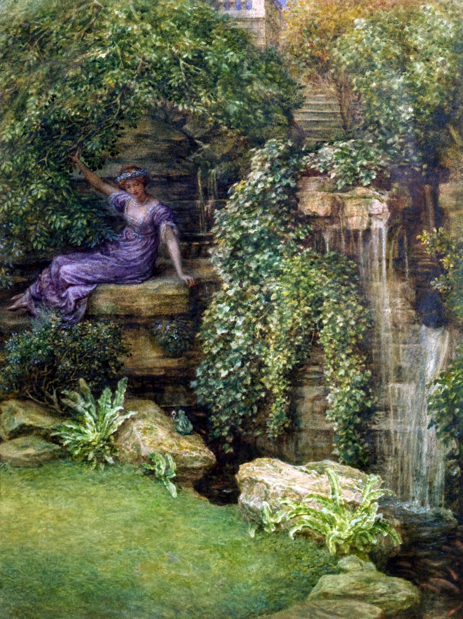 "La principessa e il ranocchio" Incontro in un giardino romantico tra una giovane principessa e un ranocchio (principe azzurro), dipinto di Edward John Poynter (1836-1919) (preraffaellita) da Edward John Poynter