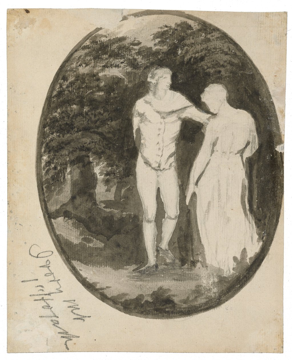 Una Coppia in un Paesaggio Boschivo in un ovale (verso), c. 1838-1848 da Edward Lear