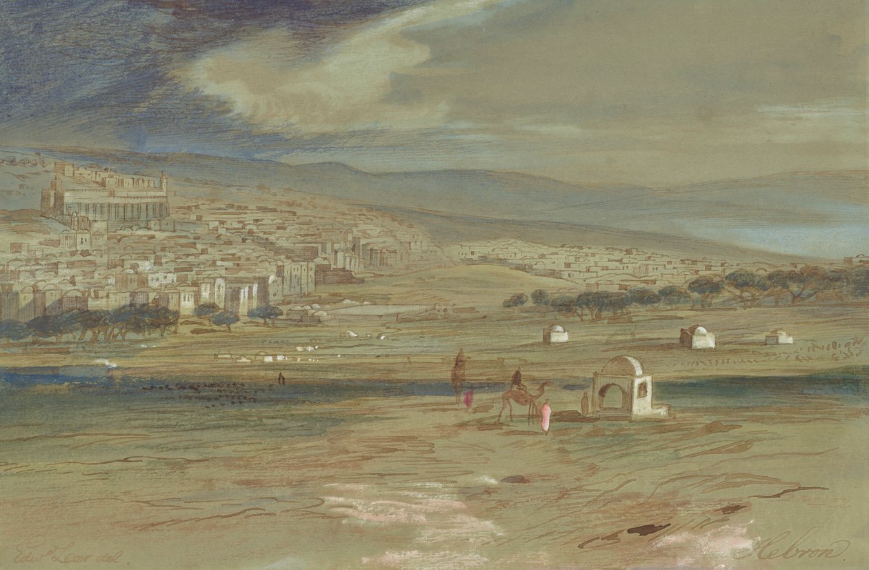 Una veduta della città di Hebron con cammelli e figure in primo piano da Edward Lear