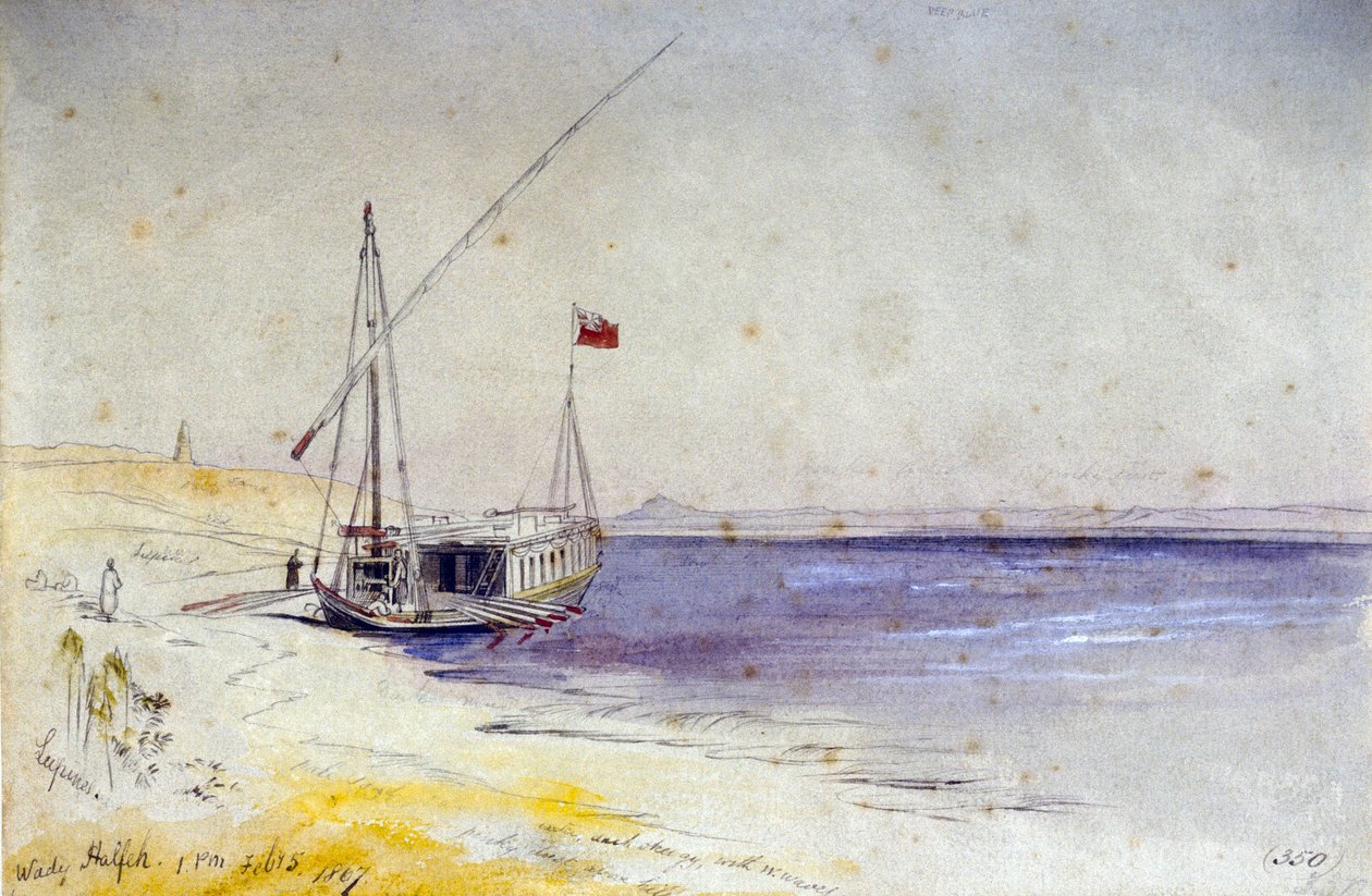 Una barca egiziana attraccata sulla riva del Nilo, vicino a Wady Halfeh (Egitto) da Edward Lear