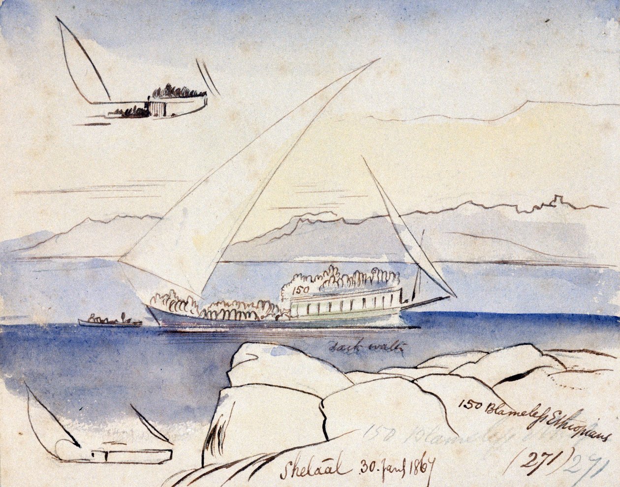 Un dhow egiziano sul Nilo, vicino a Shetaal (Egitto). Disegno ad acquerello colorato da Edward Lear