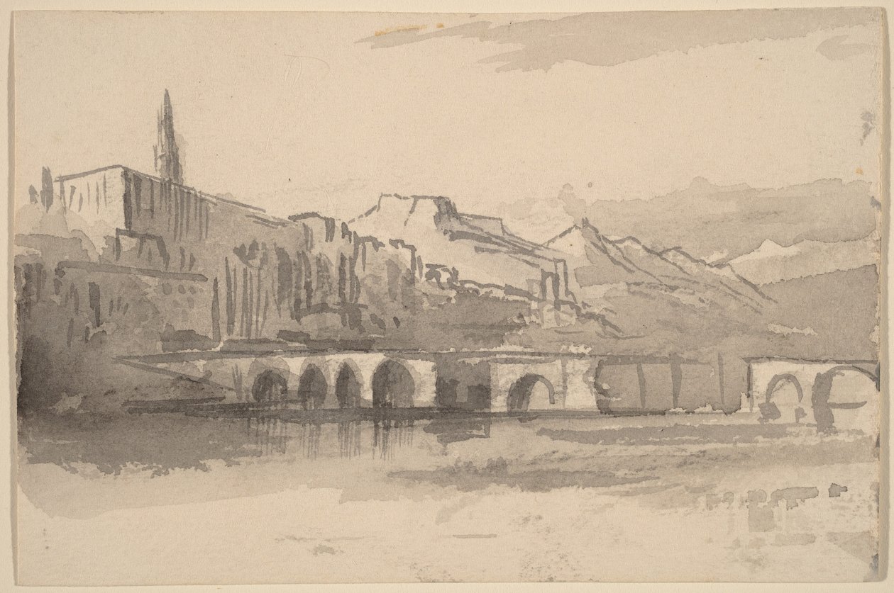 Ponte con le montagne in lontananza (Ventimiglia) da Edward Lear