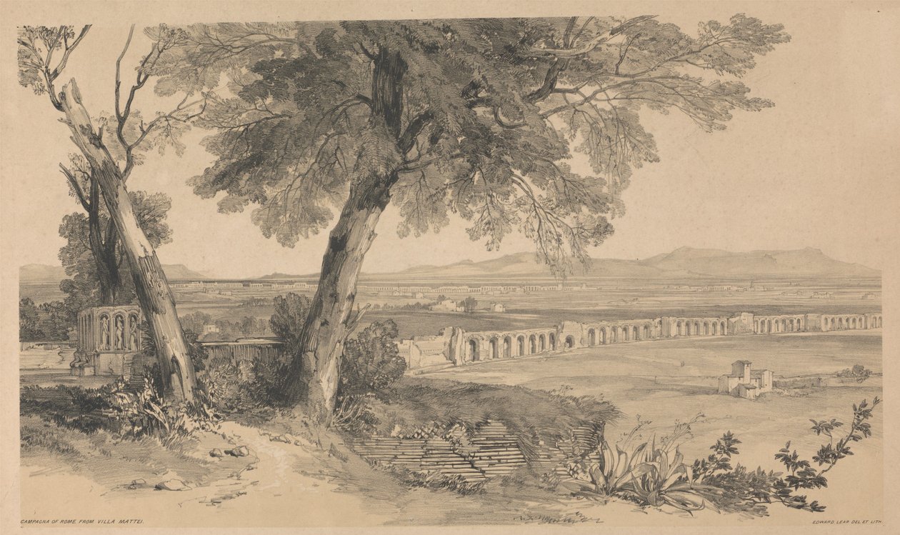 Campagna romana vista da Villa Mattei, tratta da *Vedute di Roma e dei suoi dintorni*, 1841 da Edward Lear