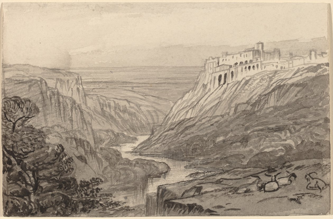 Capre che Riposano sopra una Gola del Fiume (Narni, Italia) da Edward Lear