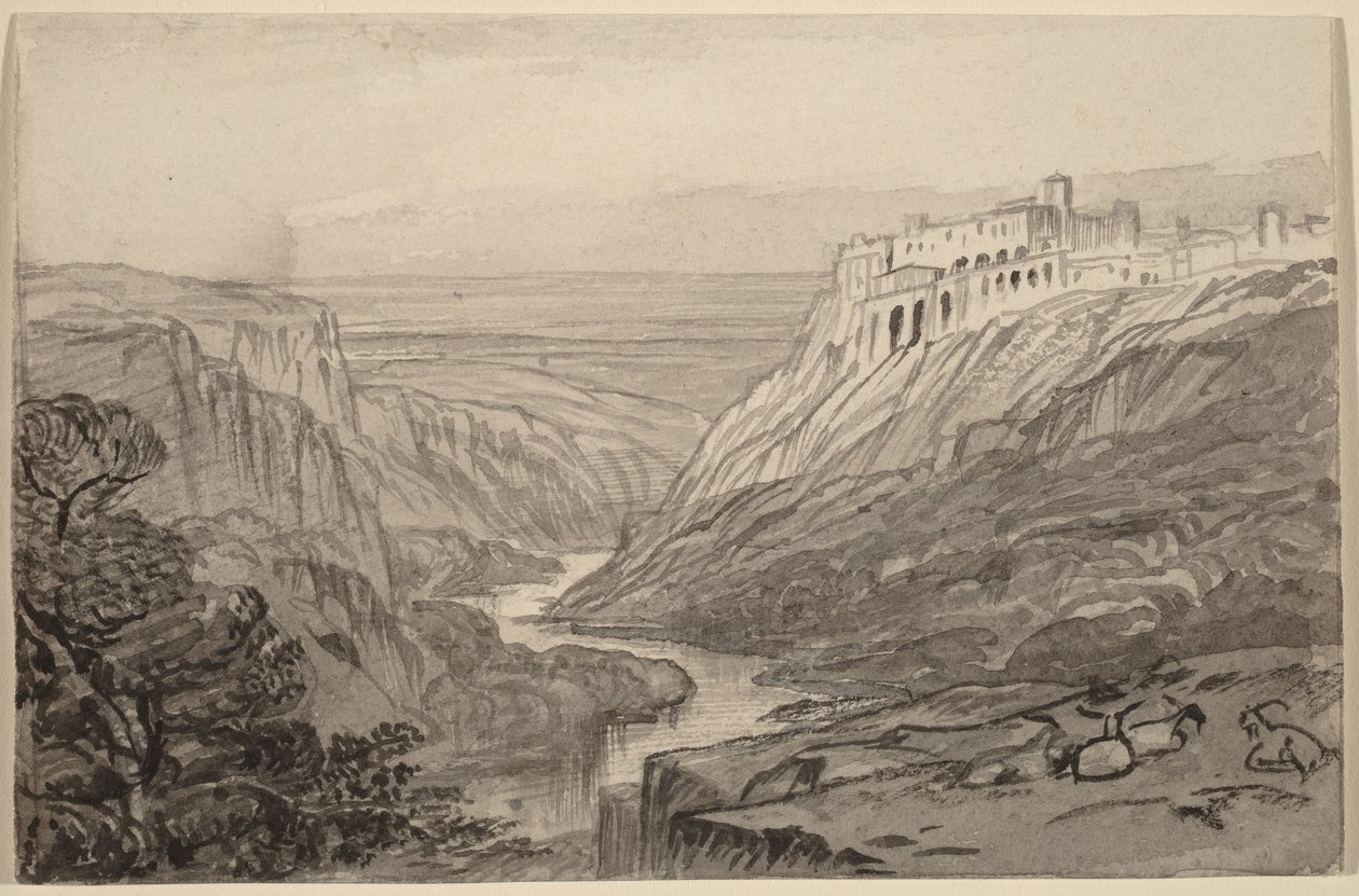 Capre che riposano sopra la gola di un fiume (Narni, Italia) da Edward Lear