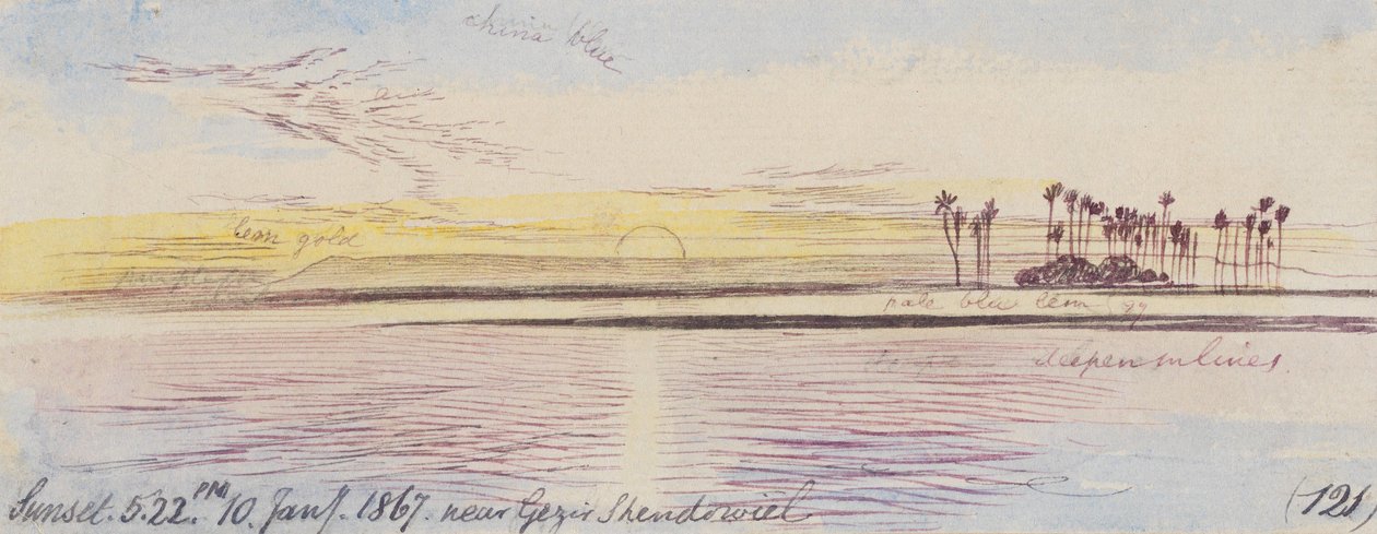 Nei pressi di Gezir Shendowiel; tramonto, ore 17:22, 10 gennaio 1867 (121) da Edward Lear