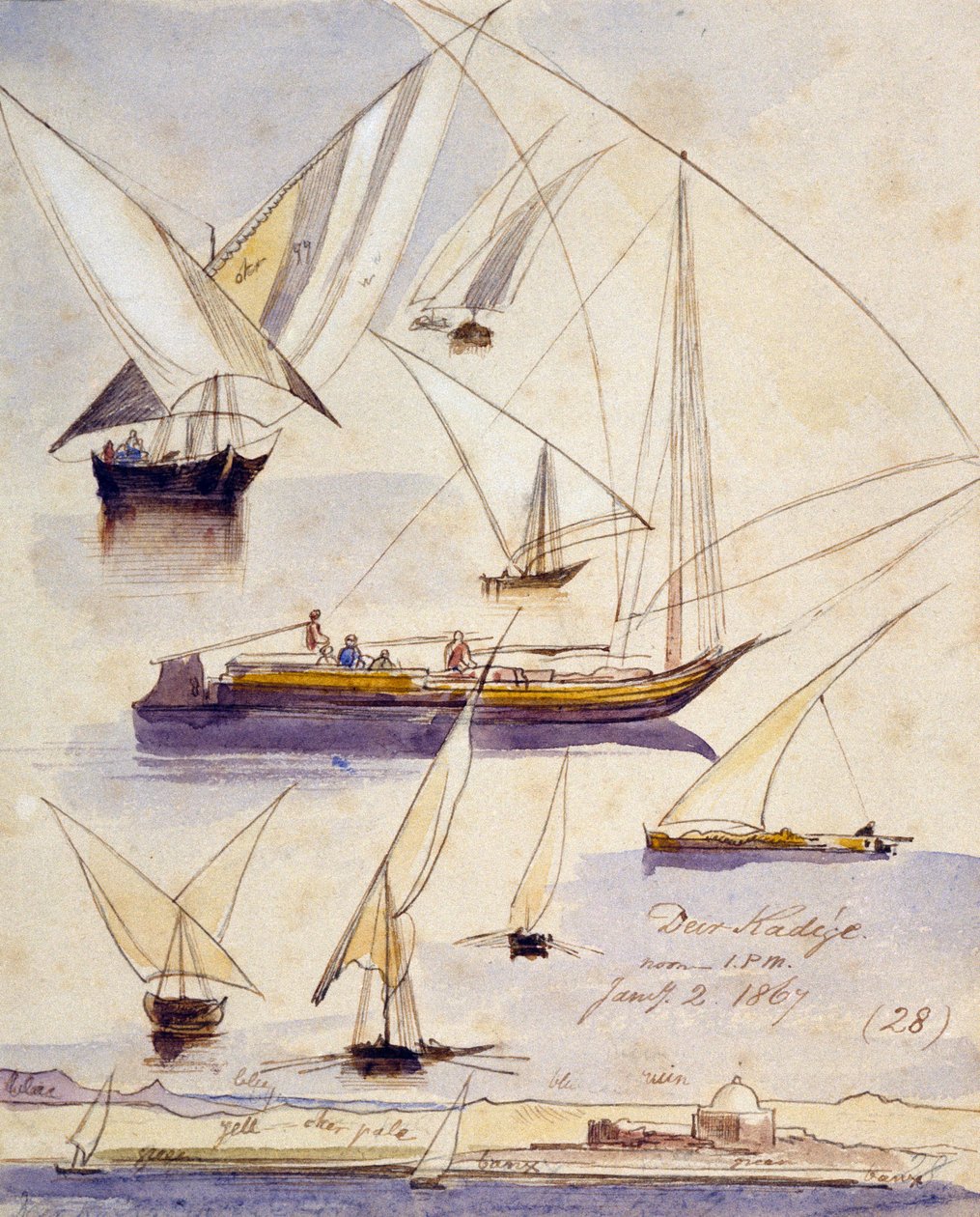 Studi di varie barche egiziane (inclusi dahabeeyahs e gyassis) vicino a Deir KAdige (Egitto) rappresentate su un tratto tranquillo e, in fondo alla pagina, una vista delle rive del Nilo con una moschea da Edward Lear