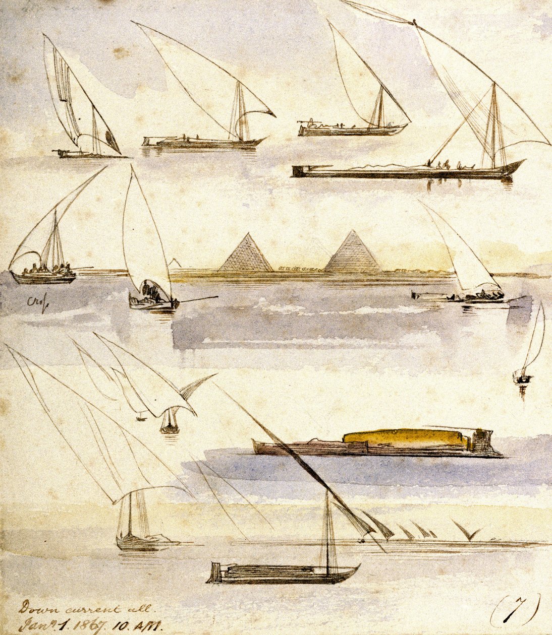 Studio di varie barche egiziane (Dahabeeyahs e Gyassis), con una scena davanti alle piramidi di Giza (Il Cairo) al centro della pagina da Edward Lear