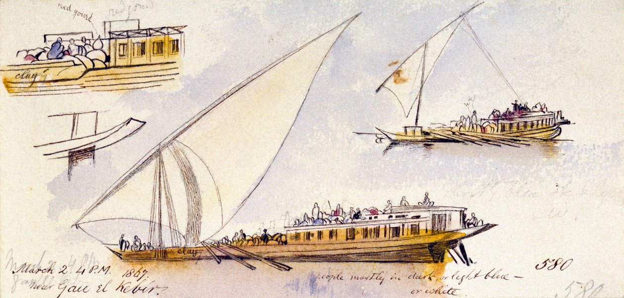 Tre studi di una barca egiziana, che trasporta passeggeri, vicino a Gau el Kebir (Egitto), con annotazioni sui vestiti dei personaggi rappresentati da Edward Lear
