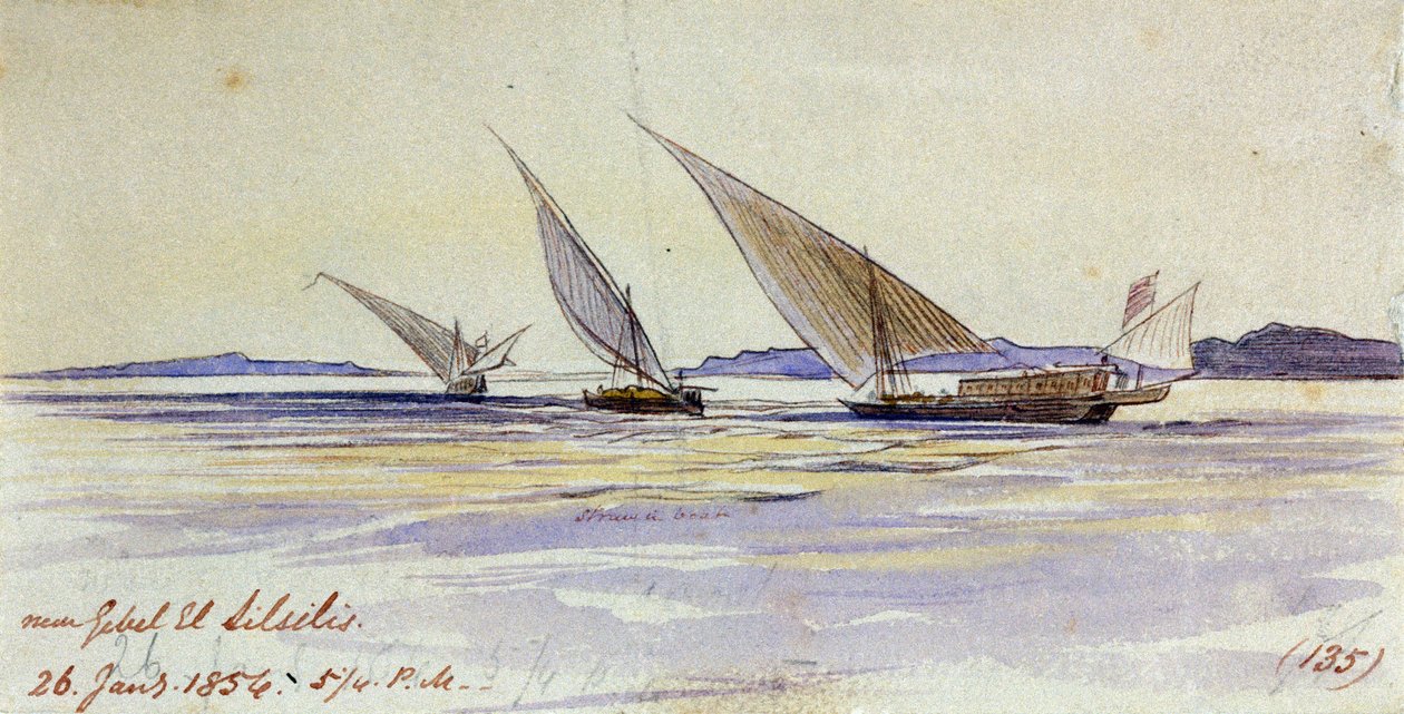Tre navi da trasporto tradizionali egiziane, che navigano sul Nilo, vicino a Gebel el-Silsila da Edward Lear