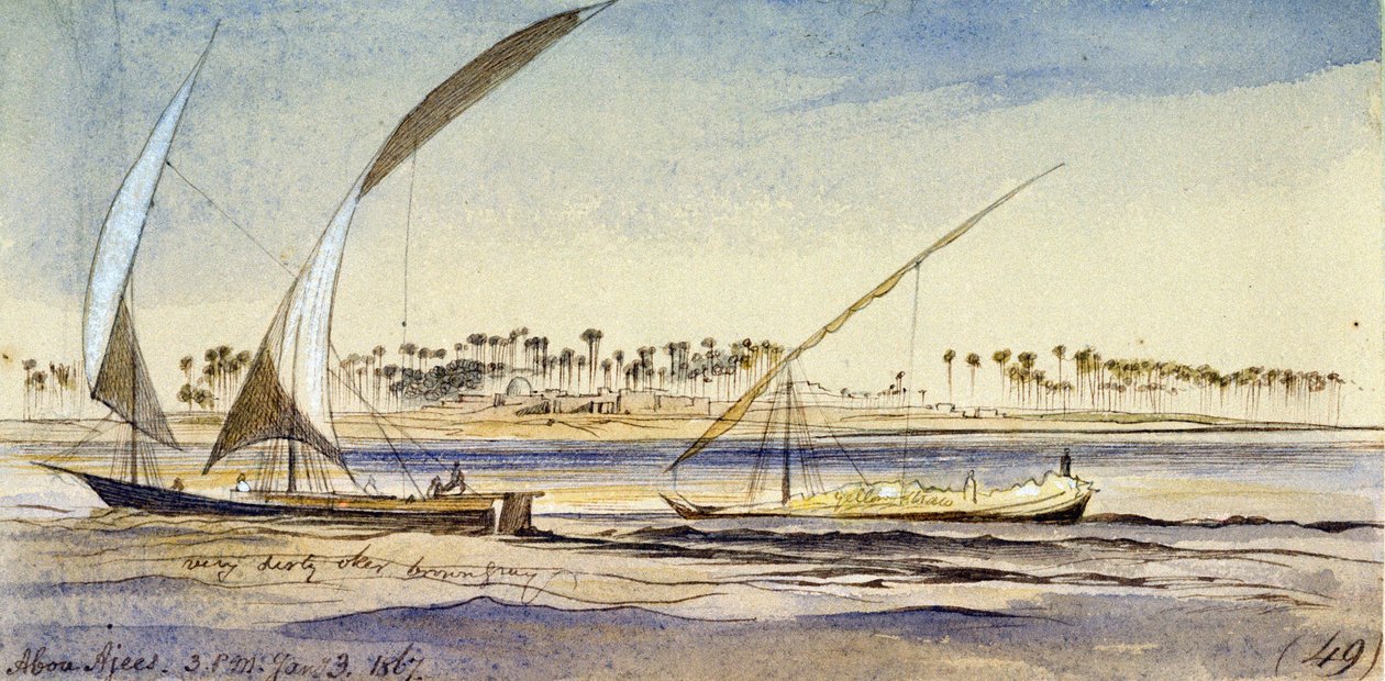 Due barche egiziane (un nuggar e un djem) che navigano sul Nilo, vicino ad Abu Ajees (Egitto) da Edward Lear