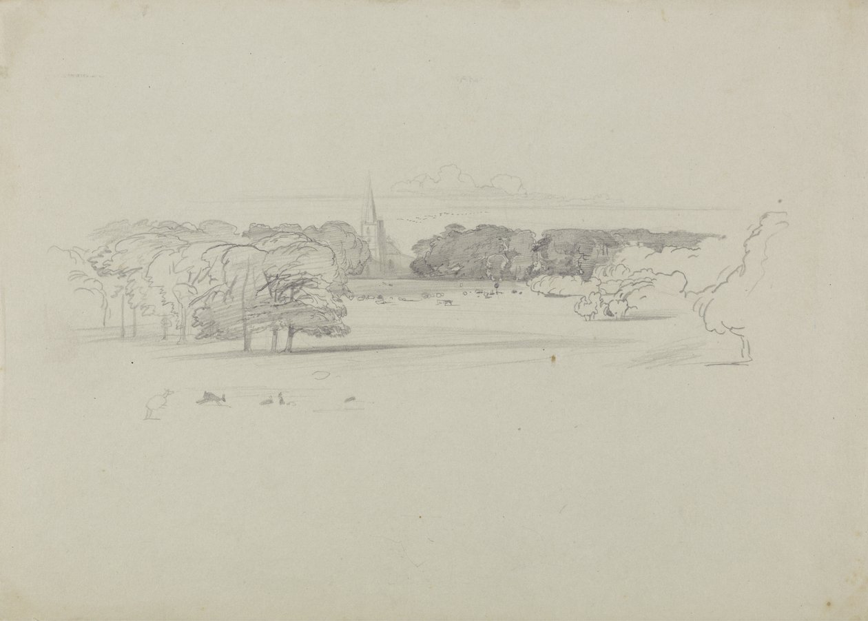 Vista su una chiesa attraverso un prato da Edward Lear