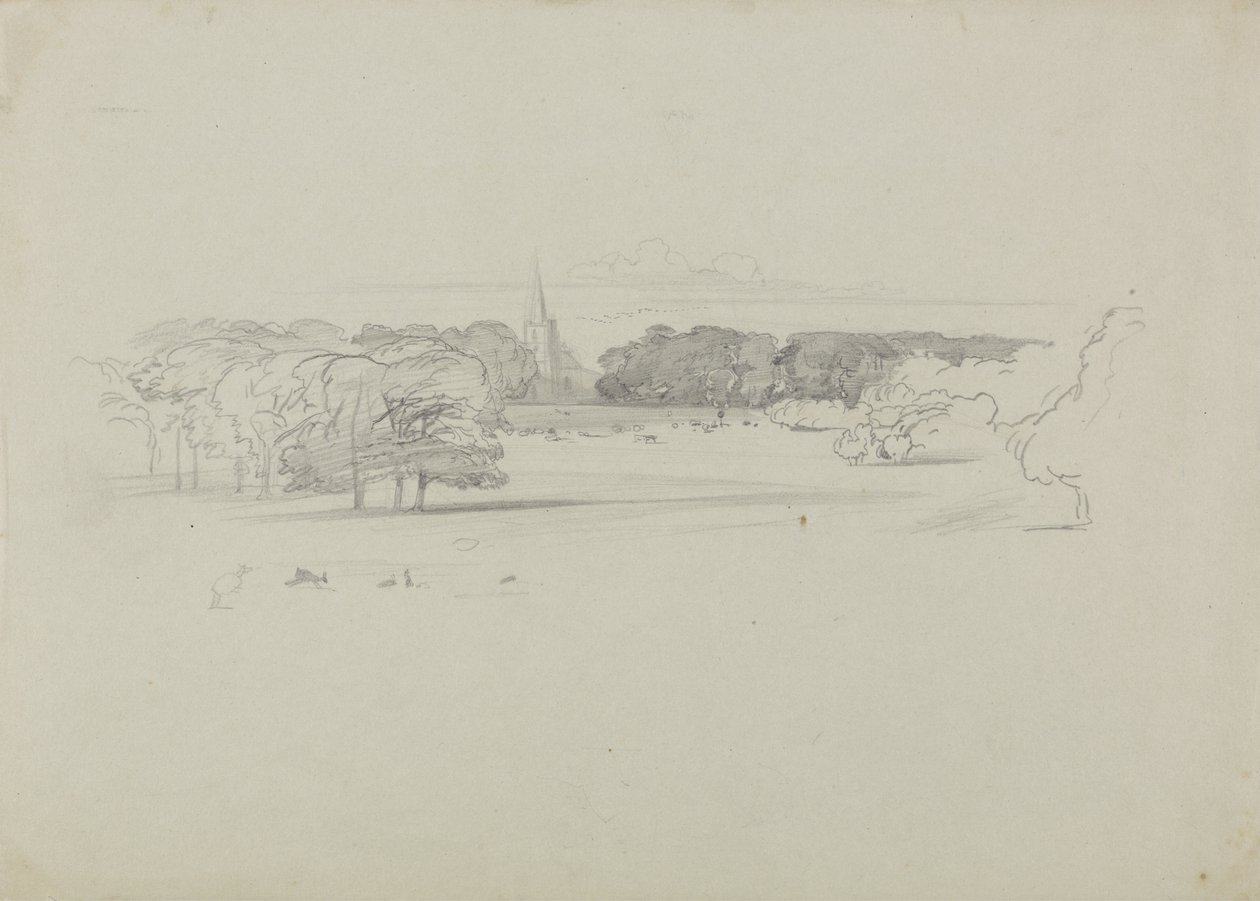 Vista su un prato verso una chiesa da Edward Lear