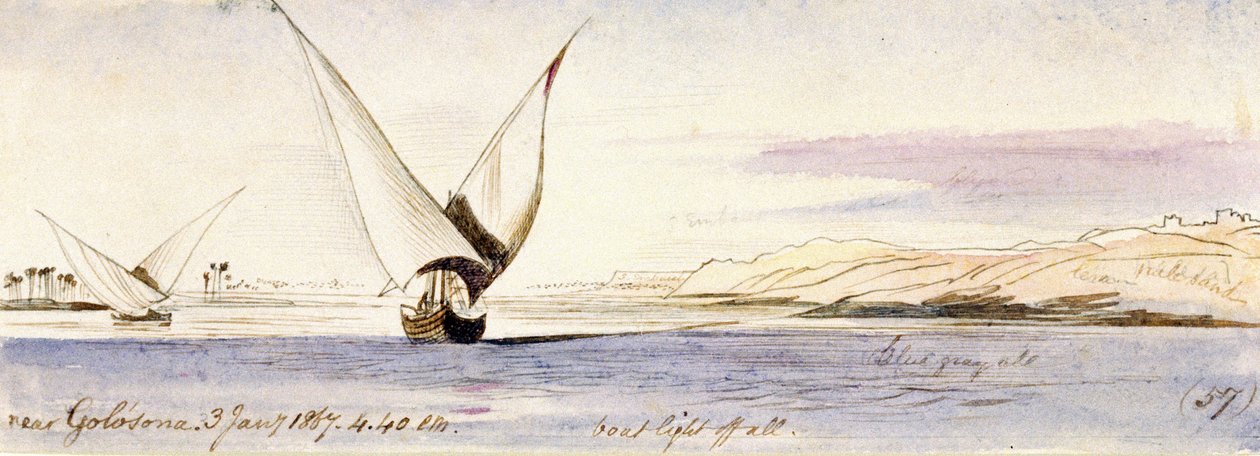 Vista del Nilo vicino a Golosona (Egitto), con una barca tradizionale egiziana che naviga da Edward Lear