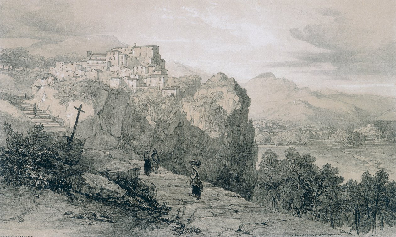 Vedute di Roma e dintorni: Rocca Giovane e in lontananza le città di Licenza e Civitella di Licenza da Edward Lear