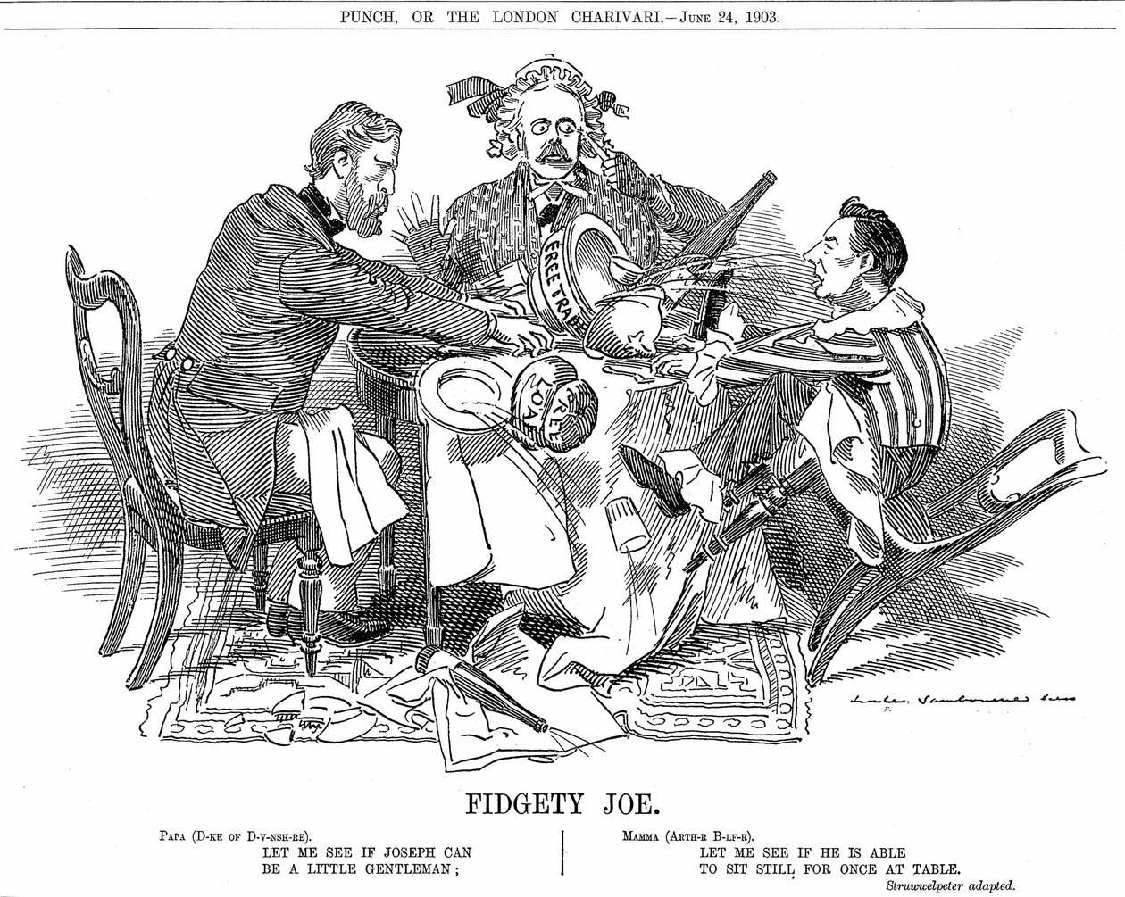 Governo di coalizione. Duca di Devonshire e Arthur Balfour (centro) che cercano di controllare Joseph Chamberlain, leader del partito minore nella coalizione. Nel settembre 1903 si dimise per essere libero di sostenere le sue riforme tariffarie. Caricatura da Edward Linley Sambourne