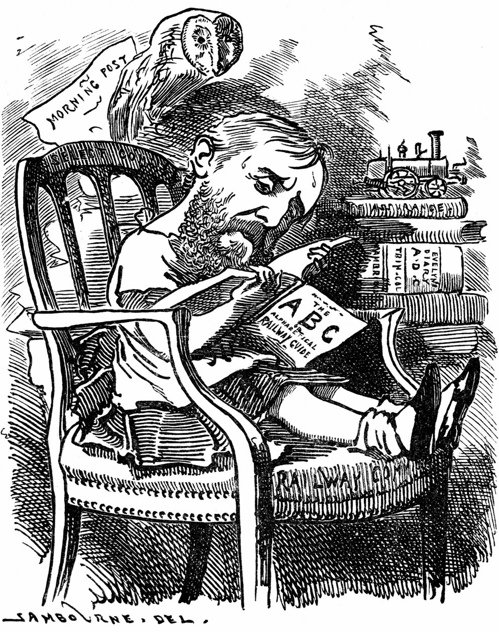 Evelyn Ashley (1836-1907) autore inglese e politico liberale: figlio del 7° conte di Shaftesbury. Caricatura di Edward Linley Sambourne nella serie Fancy Portraits da Punch Londra aprile 1881 quando Ashley era sottosegretario al Board of Trade. da Edward Linley Sambourne