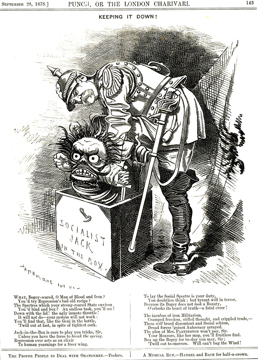 Otto von Bismarck (1815-1898) Cancelliere della Germania, cerca di costringere il Jack del Socialismo a tornare nella sua scatola. La didascalia dice che ogni atto di repressione agisce come un elisir per il desiderio umano di maggiore libertà. Caricatura  da Edward Linley Sambourne