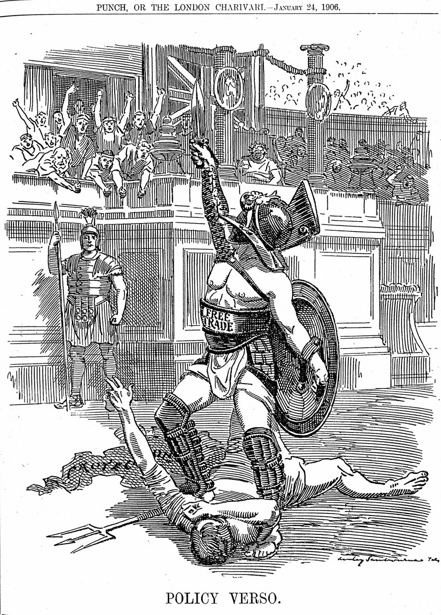 Con il ritorno del governo liberale in Gran Bretagna, dicembre 1905, il libero scambio era la politica, piuttosto che la politica conservatrice di protezione tramite tariffa. Caricatura di Edward Linley Sambourne da Punch Londra 24 gennaio 1906 da Edward Linley Sambourne