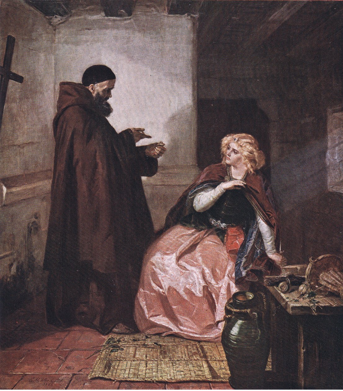 Giulietta e frate Lorenzo (Romeo e Giulietta) Prendi la fiala, essendo poi a letto, e bevi questo liquore distillato, da Le opere complete di William Shakespeare pub. da J Coker & Co Ltd da Edward Matthew Ward