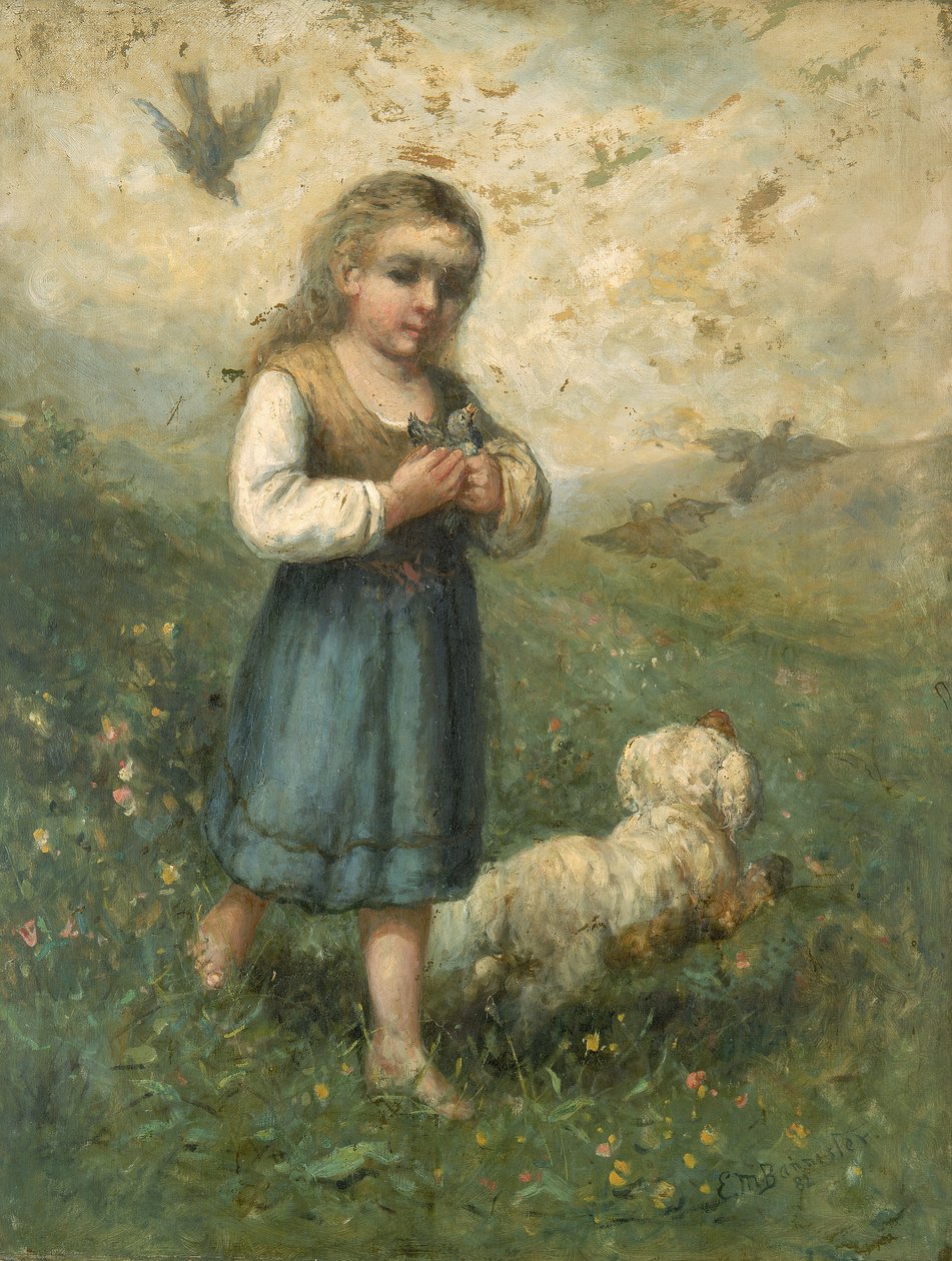 Bambino con uccelli e cane, 1882 da Edward Mitchell Bannister