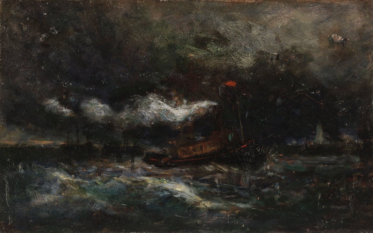 Tempesta, barca Brenton Light in tempesta, faro sullo sfondo, n.d. da Edward Mitchell Bannister