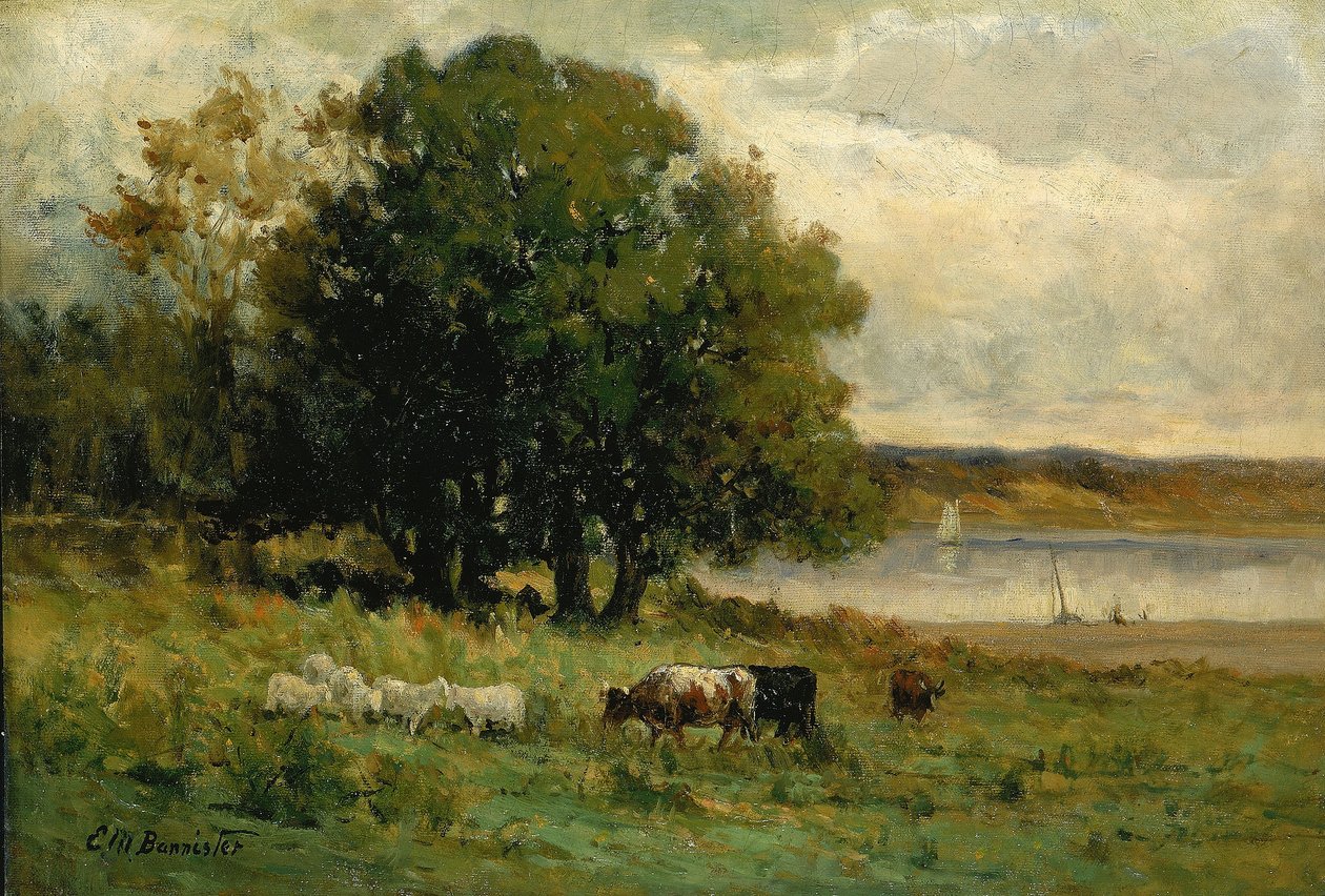 Senza titolo (bestiame vicino al fiume con barca a vela in lontananza) da Edward Mitchell Bannister