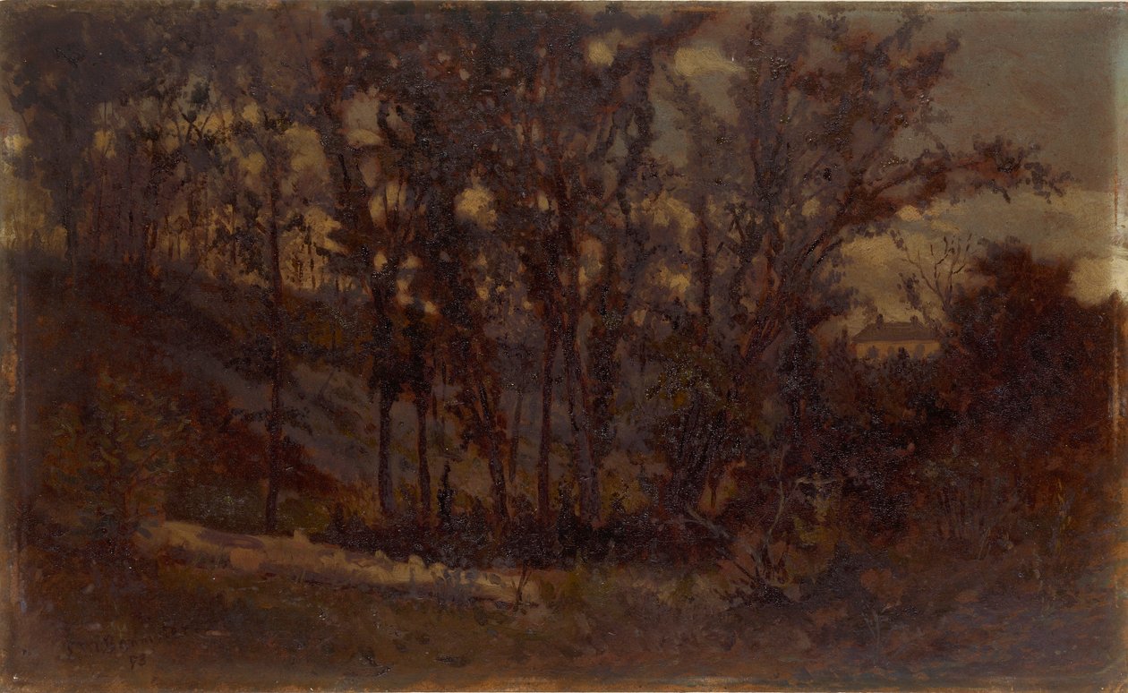 Senza titolo (scena di foresta, albero caduto in primo piano e casa sullo sfondo) da Edward Mitchell Bannister