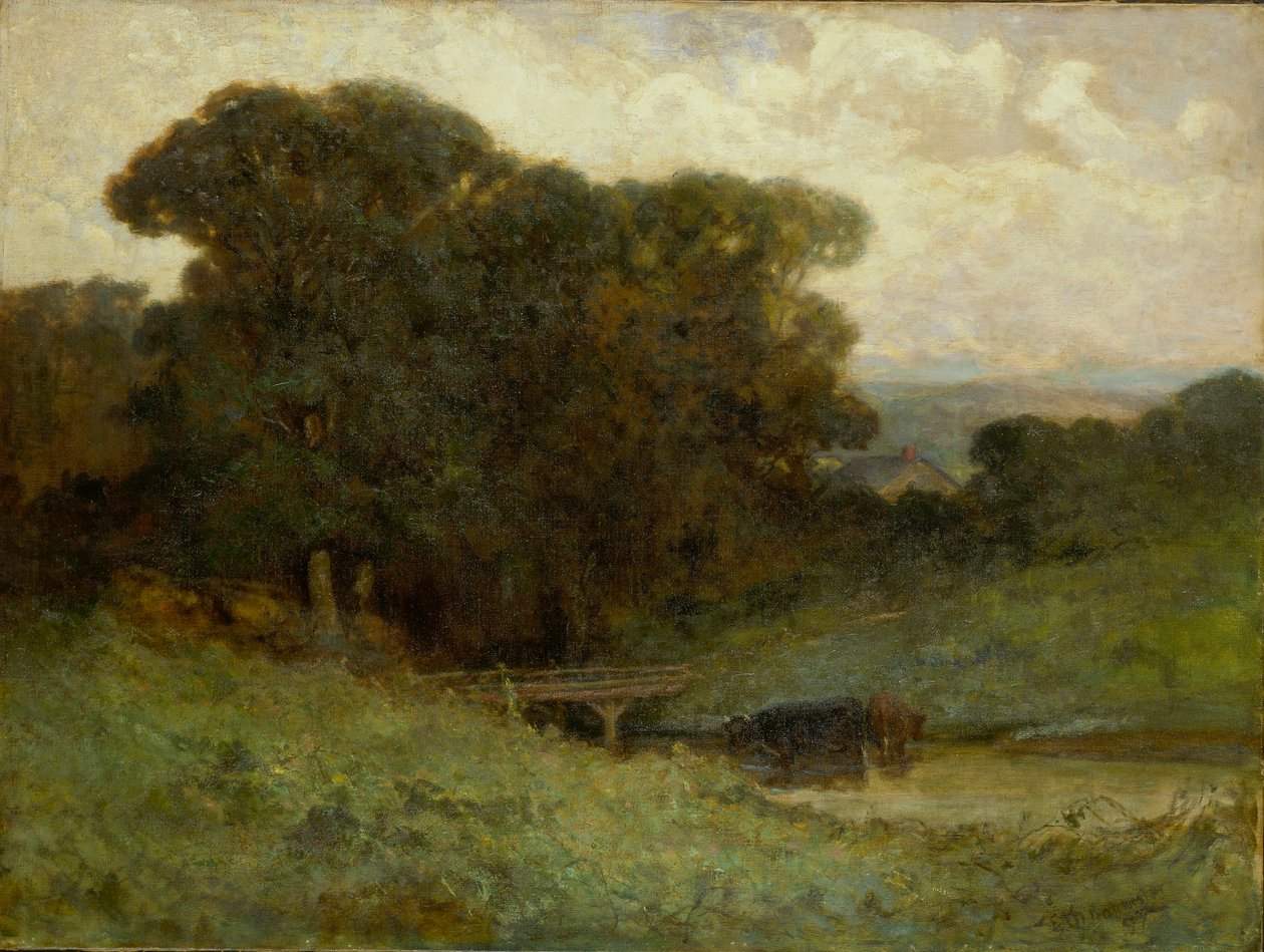 Senza titolo (scena di foresta con ponte, mucche nel ruscello in primo piano) da Edward Mitchell Bannister