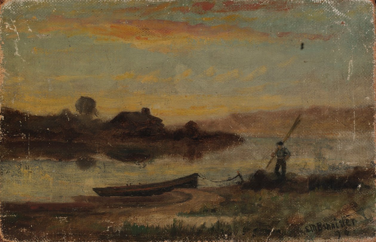 Senza titolo (paesaggio, barca ormeggiata vicino alla riva con uomo a piedi) da Edward Mitchell Bannister