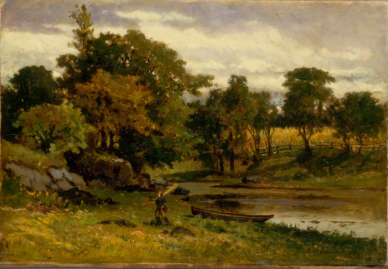 Senza titolo (paesaggio, barca ormeggiata vicino al torrente, uomo che cammina in primo piano) da Edward Mitchell Bannister