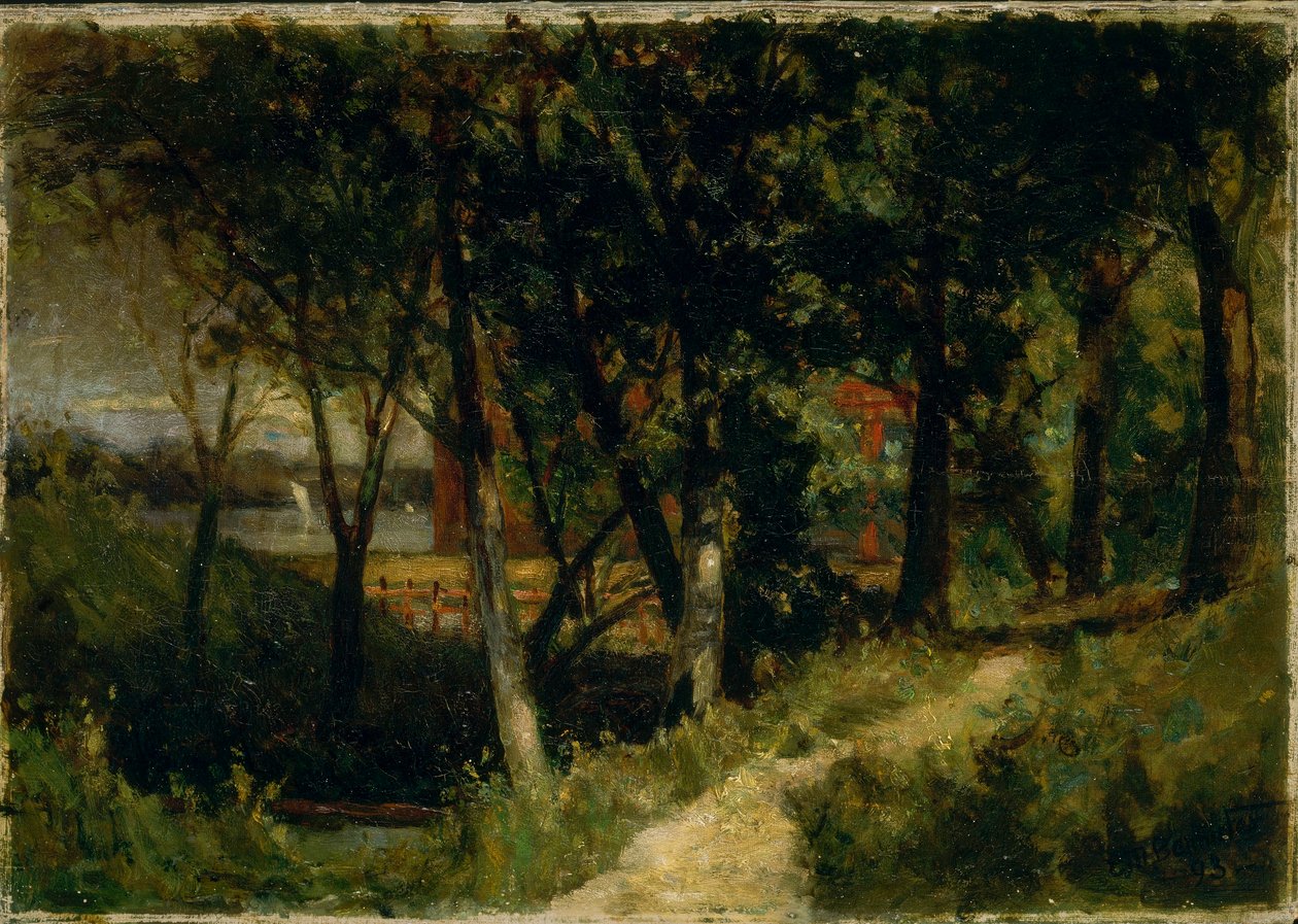 Senza titolo (paesaggio, scena di foresta con recinzione rossa ed edificio) da Edward Mitchell Bannister