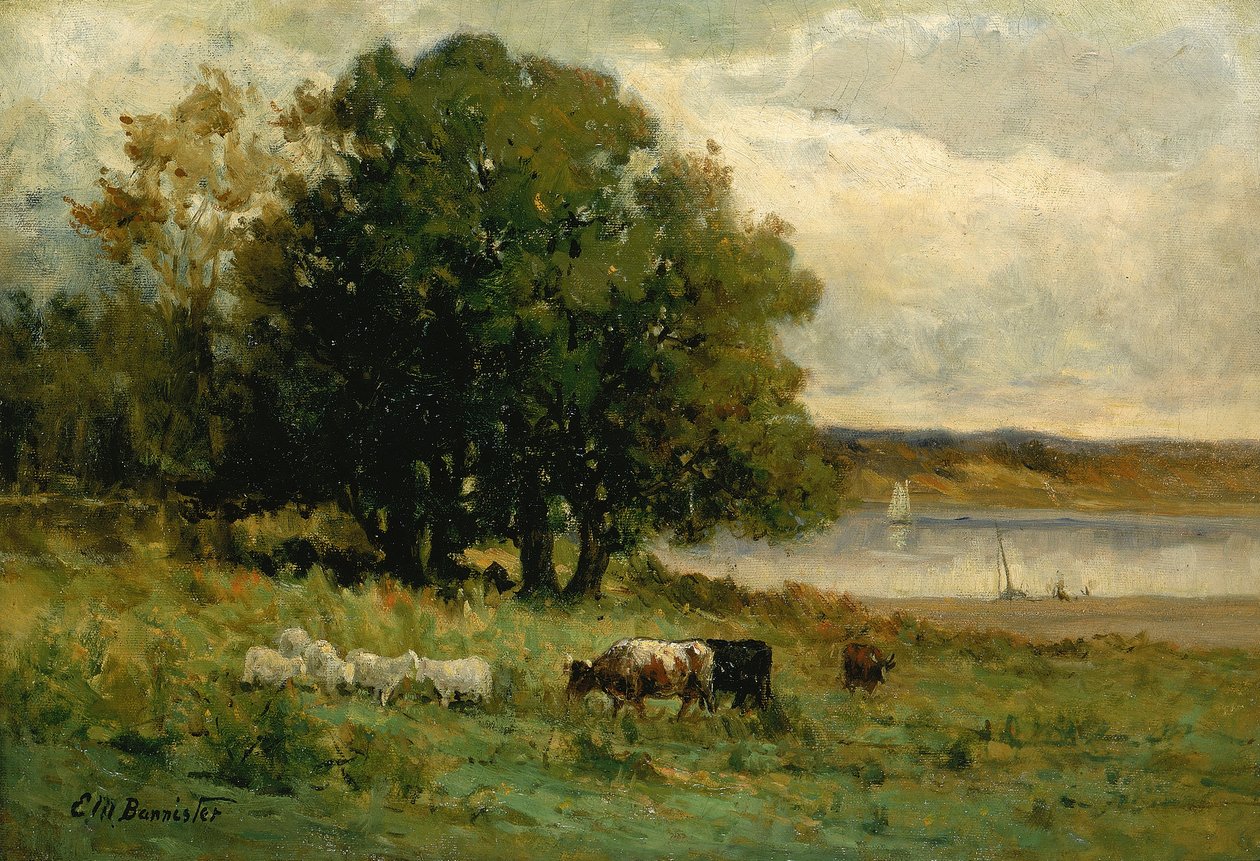 Senza titolo, bestiame vicino al fiume con barca a vela in lontananza, n.d. da Edward Mitchell Bannister