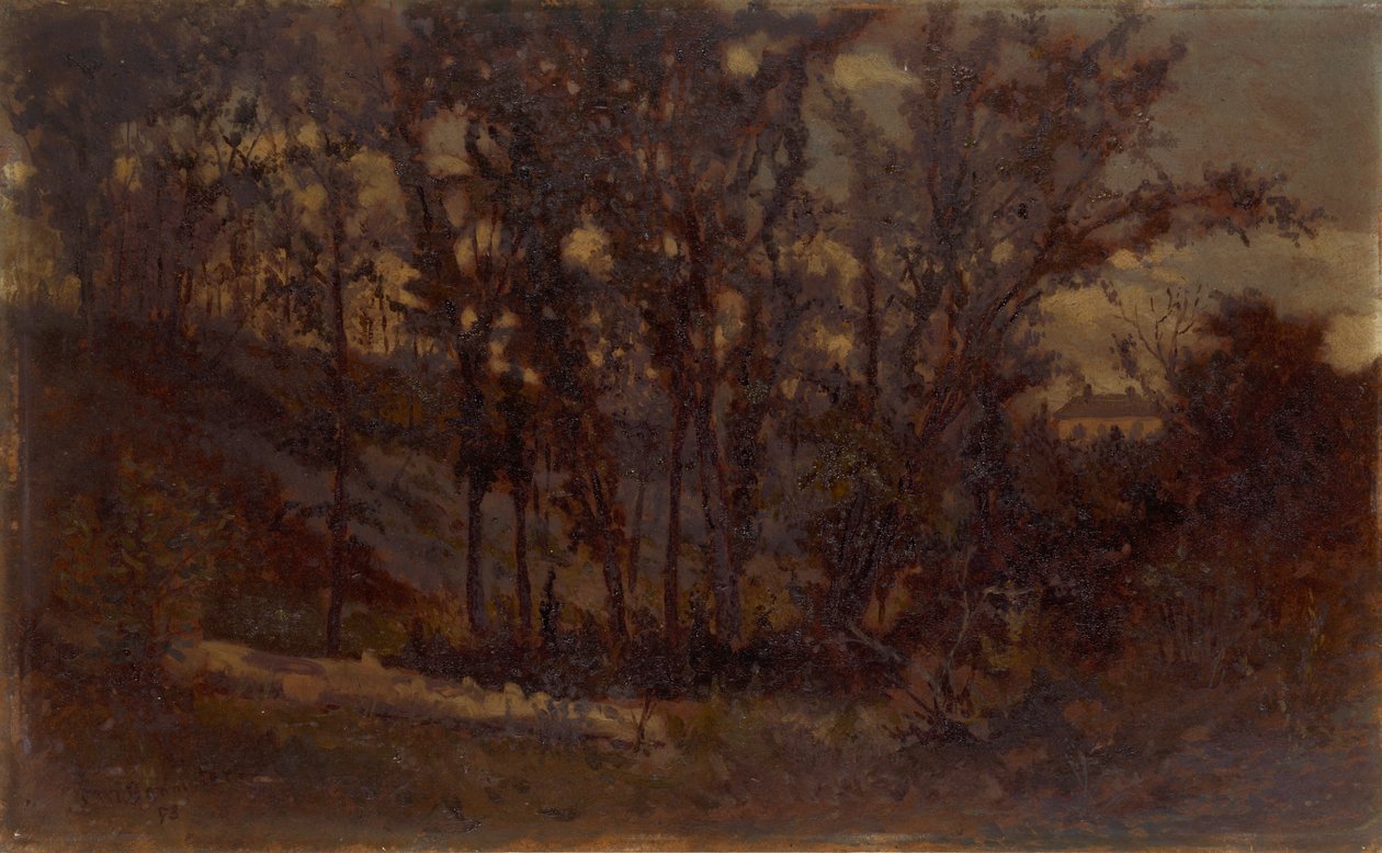 Scena forestale senza titolo, albero caduto in primo piano e casa sullo sfondo, 1873 da Edward Mitchell Bannister