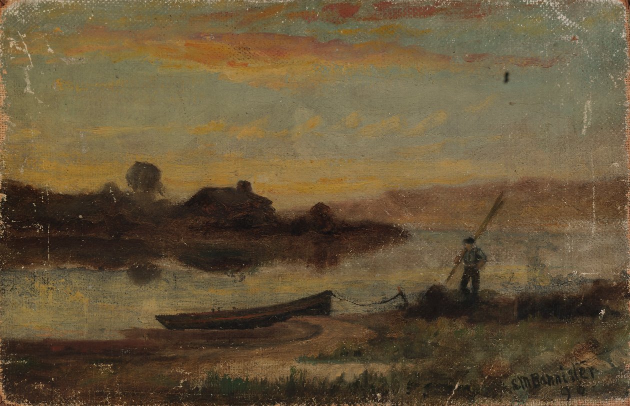 Paesaggio senza titolo, barca ormeggiata vicino alla riva con uomo che cammina da Edward Mitchell Bannister