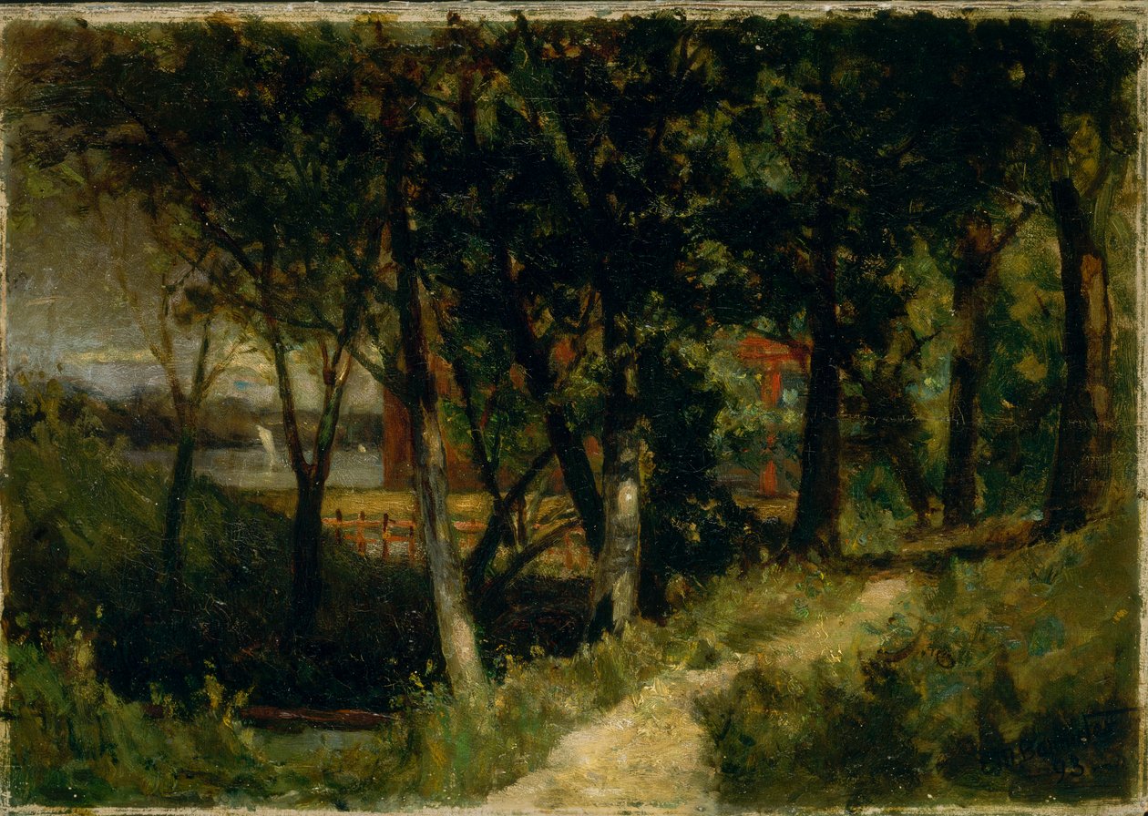 Paesaggio senza titolo, scena forestale con recinto rosso e edificio, 1893 da Edward Mitchell Bannister