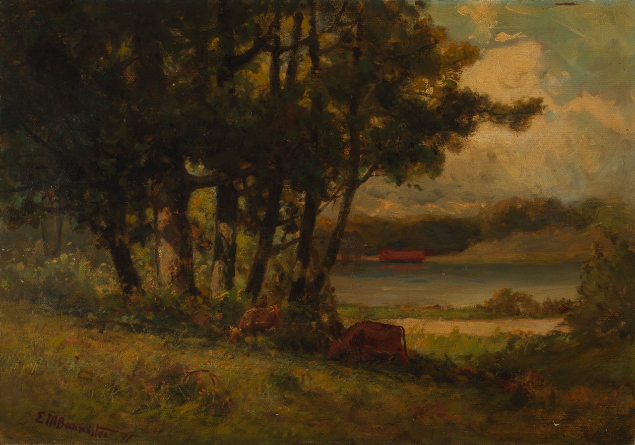 Paesaggio senza titolo con mucche che pascolano vicino al fiume da Edward Mitchell Bannister